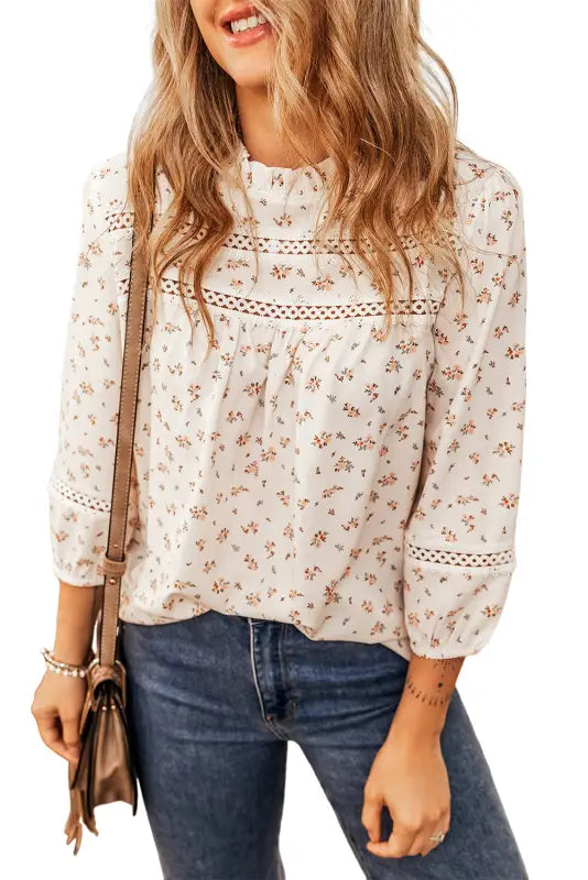 Printed boho floral lace eyelet mock neck blouse - blouses & shirts