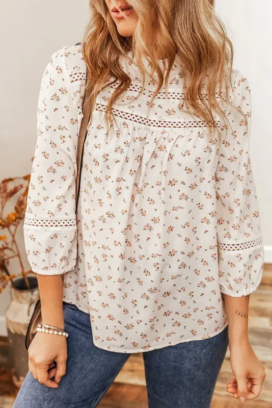 Printed boho floral lace eyelet mock neck blouse - blouses & shirts