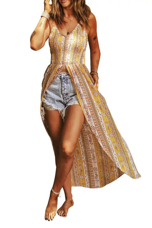 Yellow boho floral print smocked front slit maxi tank - tops