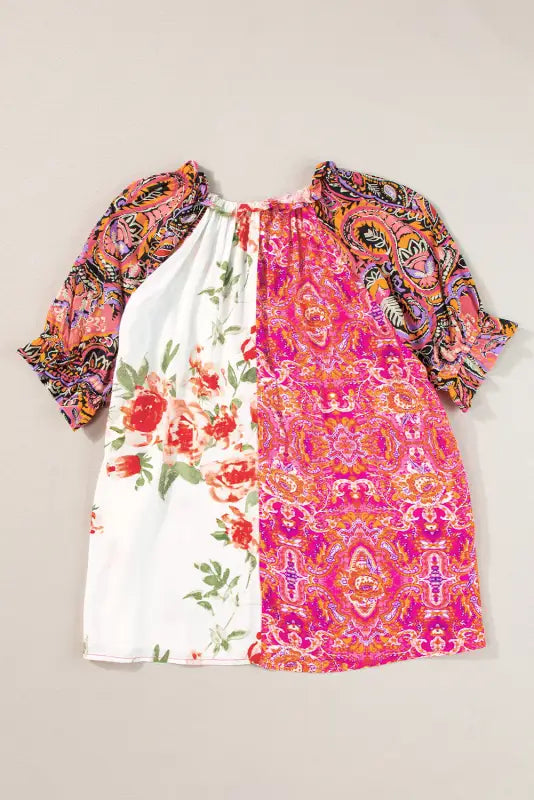 Boho floral patchwork buttoned blouse - blouses