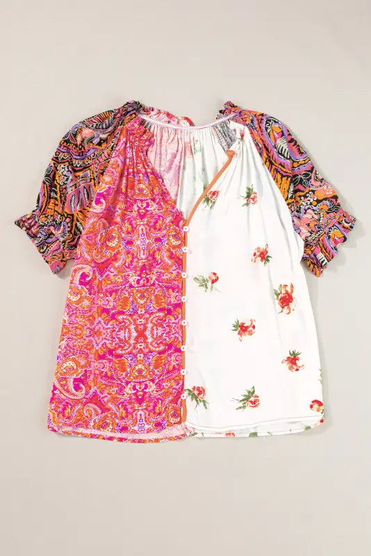 Boho floral patchwork buttoned blouse - blouses