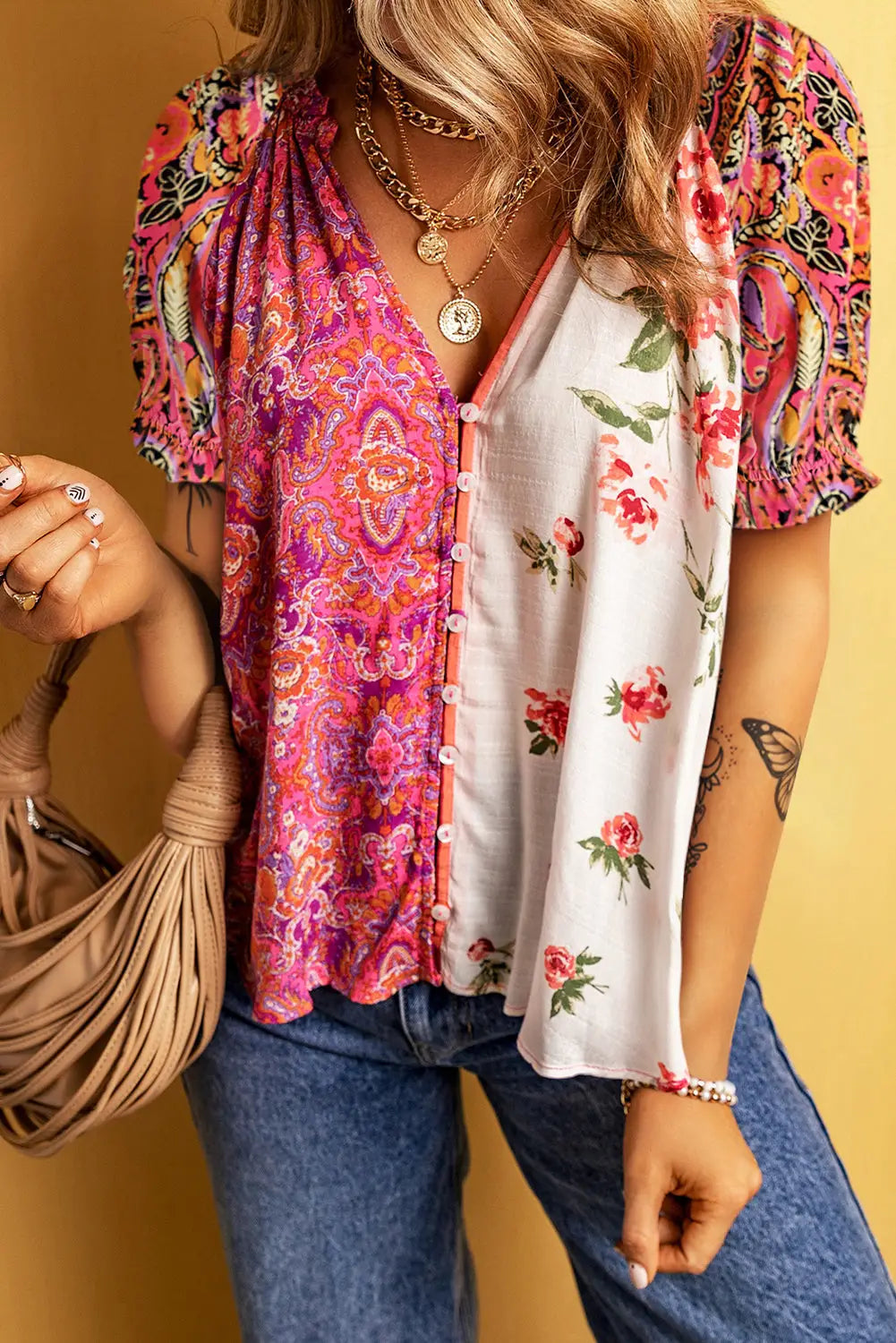 Boho floral patchwork buttoned blouse - multicolour / s / 100% viscose - tops/blouses & shirts