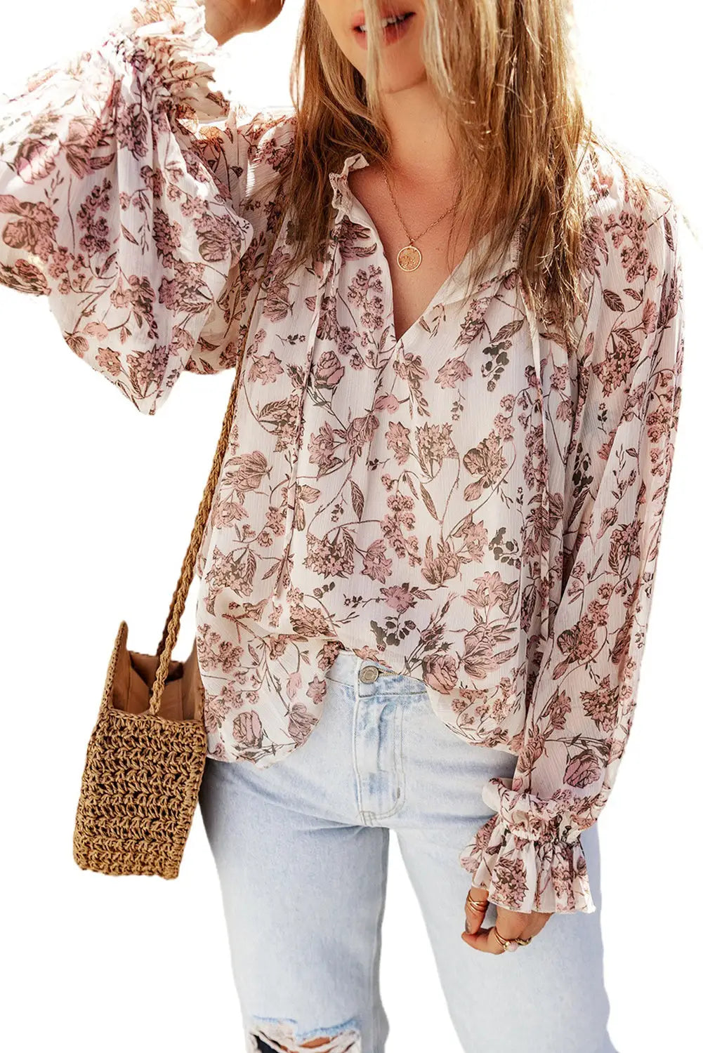 Boho floral print split v neck bubble sleeve blouse - tops