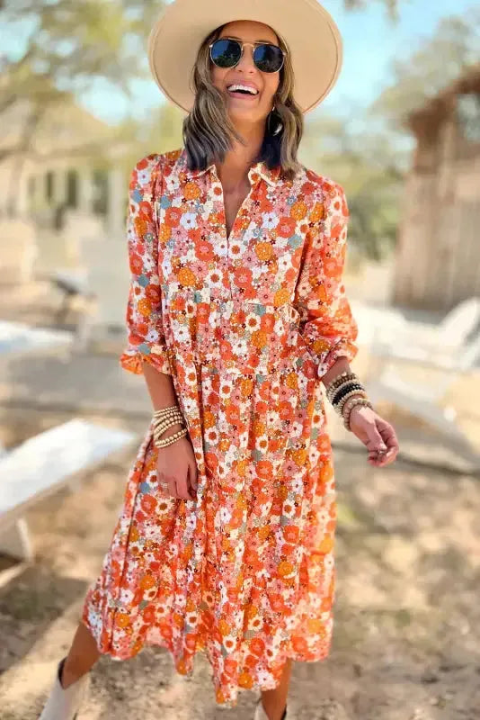 Back view of boho floral long sleeve ruffled midi dress Fashionfitz UK