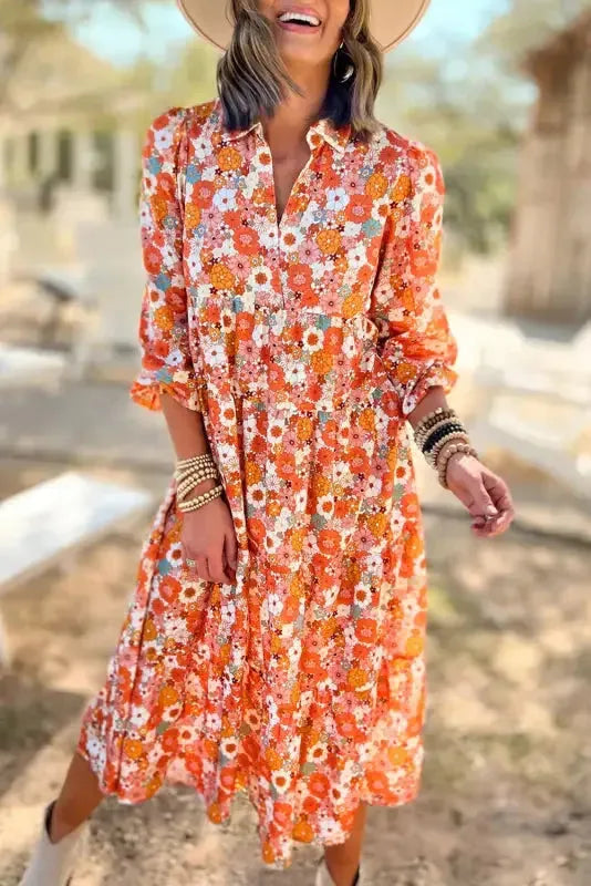Woman wearing multicolour boho floral collared long sleeve ruffled dress front view Fashionfitz UK