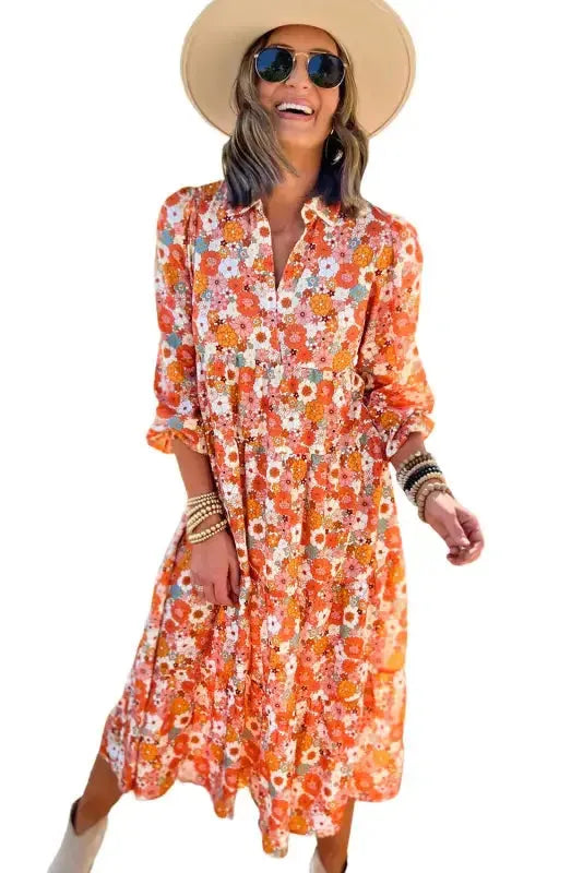 Close-up of collar detail and vintage floral print on ruffled midi dress Fashionfitz UK