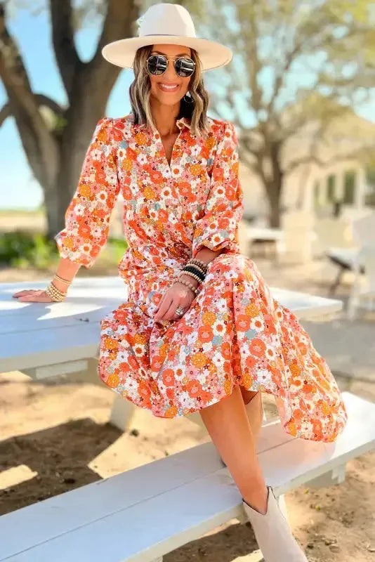 Side view of boho floral collared dress showing ruffle hem and midi length Fashionfitz UK