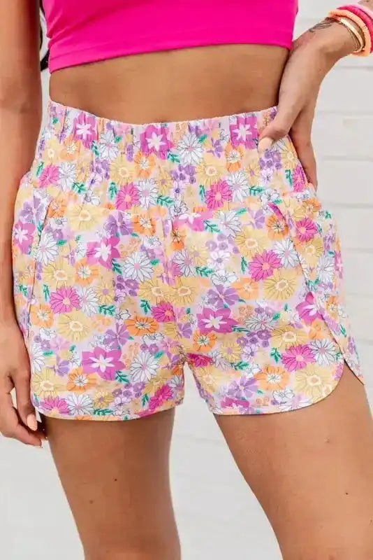 Boho Floral Shirred Casual Shorts - Fashionfitz
