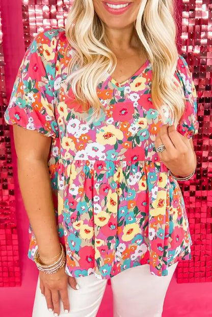 Boho floral short puff sleeve blouse - multicolour / s / 100% polyester - blouses