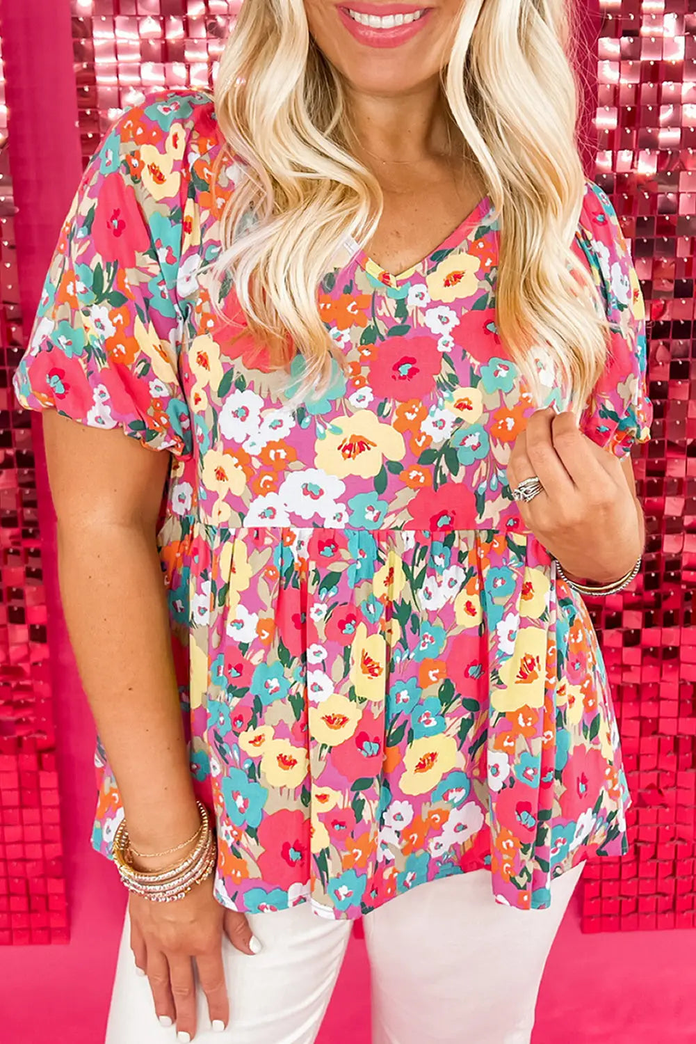 Boho floral short puff sleeve blouse - multicolour / s / 100% polyester - tops/blouses & shirts