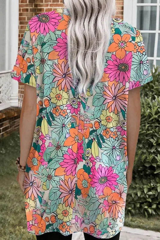 Boho floral short sleeve tunic top - t-shirts