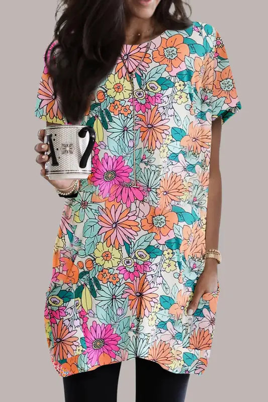 Boho floral short sleeve tunic top - multicolor / s / 95% polyester + 5% elastane - t-shirts