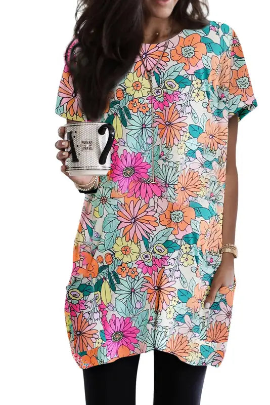 Boho floral short sleeve tunic top - t-shirts