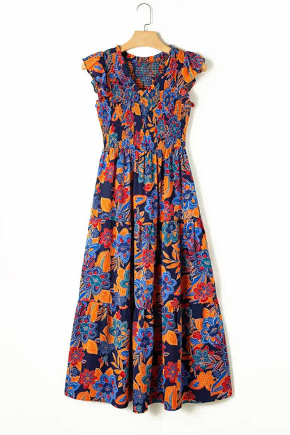 Boho floral tiered long dress - dark blue / s / 100% polyester - maxi dresses