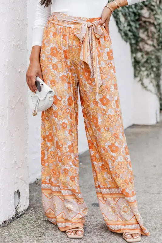 Boho floral wide leg pants - grapefruit orange / s / 100% viscose - bottoms