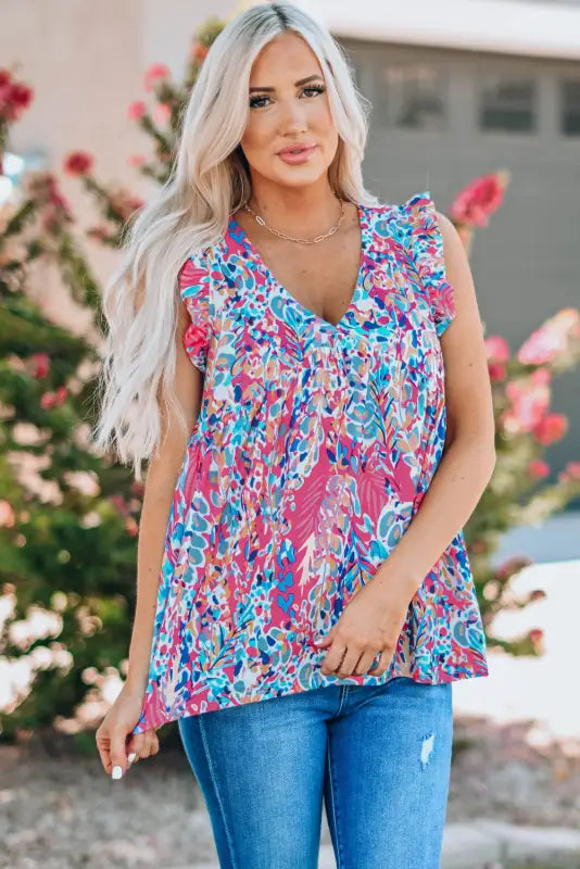 Boho flounce v neck tank top - pink / s / 95% polyester + 5% elastane - tops/tank tops