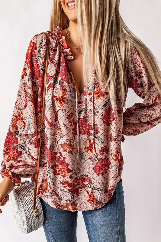 Boho paisley blouse - split v-neck - pink / s / 95% polyester + 5% spandex - blouses