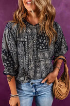 Boho Paisley Print Blouse - Navy Blue - Fashionfitz