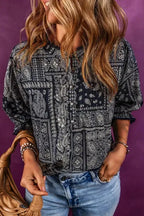 Boho Paisley Print Blouse - Navy Blue - Fashionfitz