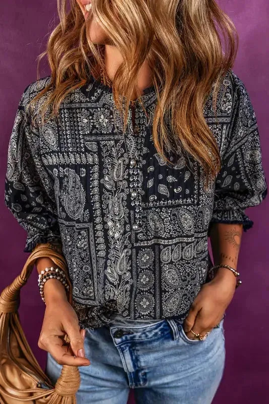 Boho Paisley Print Blouse - Navy Blue - Fashionfitz