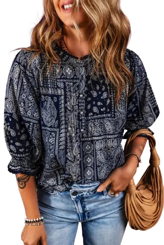 Boho Paisley Print Blouse - Navy Blue - Fashionfitz