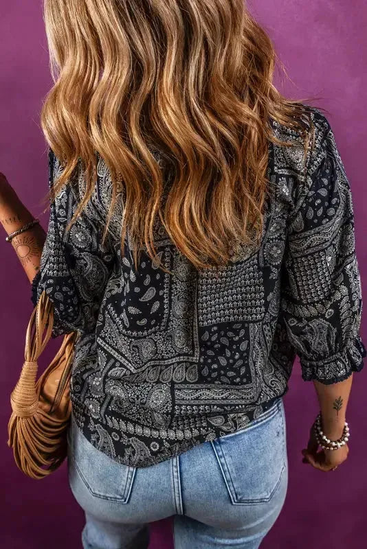 Boho Paisley Print Blouse - Navy Blue - Fashionfitz