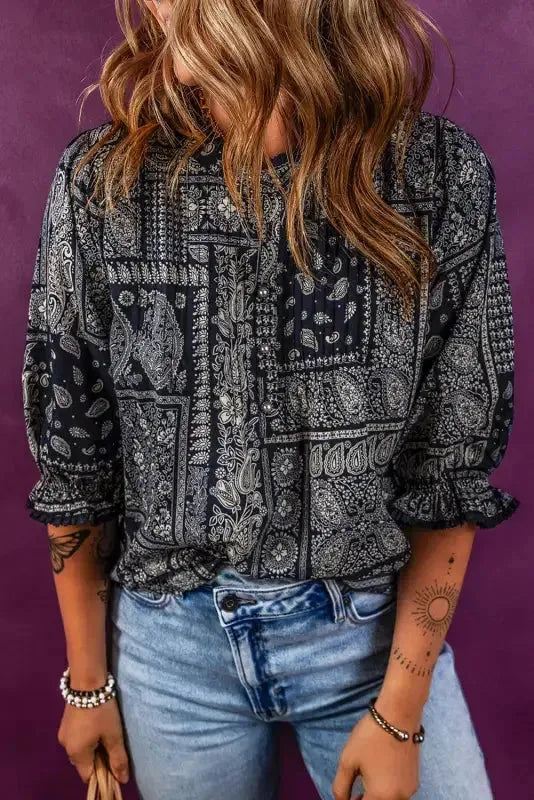 Boho Paisley Print Blouse - Navy Blue - Fashionfitz