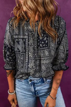 Boho Paisley Print Blouse - Navy Blue - Fashionfitz