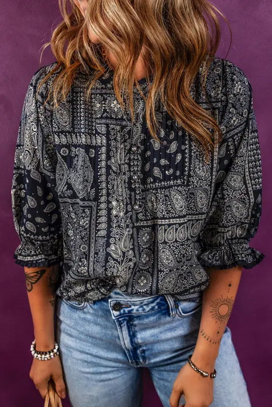 Boho paisley print blouse - navy blue - blouses