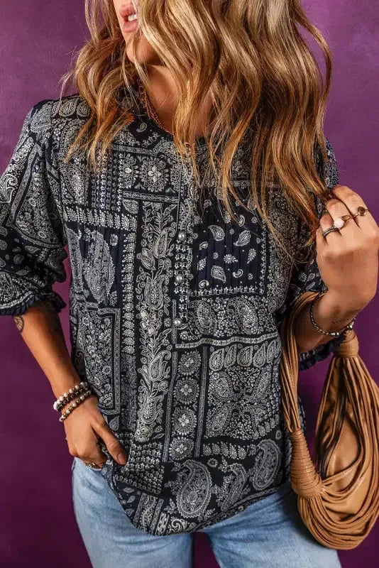 Boho Paisley Print Blouse - Navy Blue - Fashionfitz