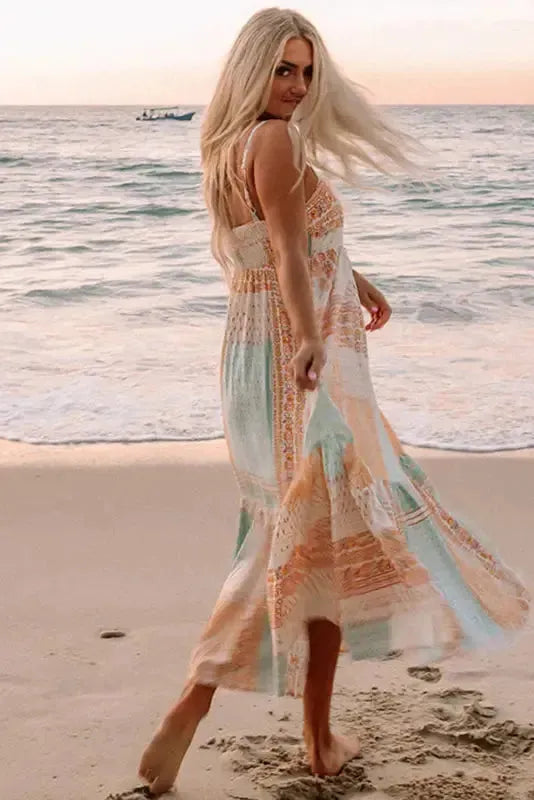 Side view of boho patchwork colour block maxi sundress showing sleeveless design Fashionfitz UK