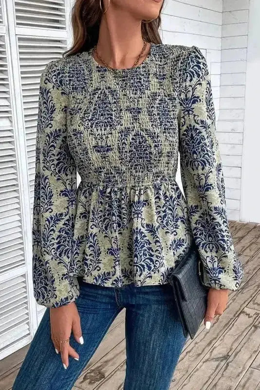 Sky blue Floral Smocked Peplum Balloon Sleeve Blouse Women UK styled as a feminine boho occasion outfit — Fashionfitz