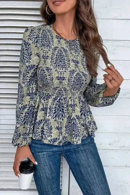 Sky blue floral smocked peplum balloon sleeve boho blouse front view — Fashionfitz UK