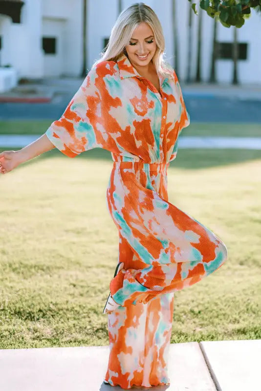 Multicolor bohemian tie dye pleated shirt collar loose jumpsuit - jumpsuits & rompers