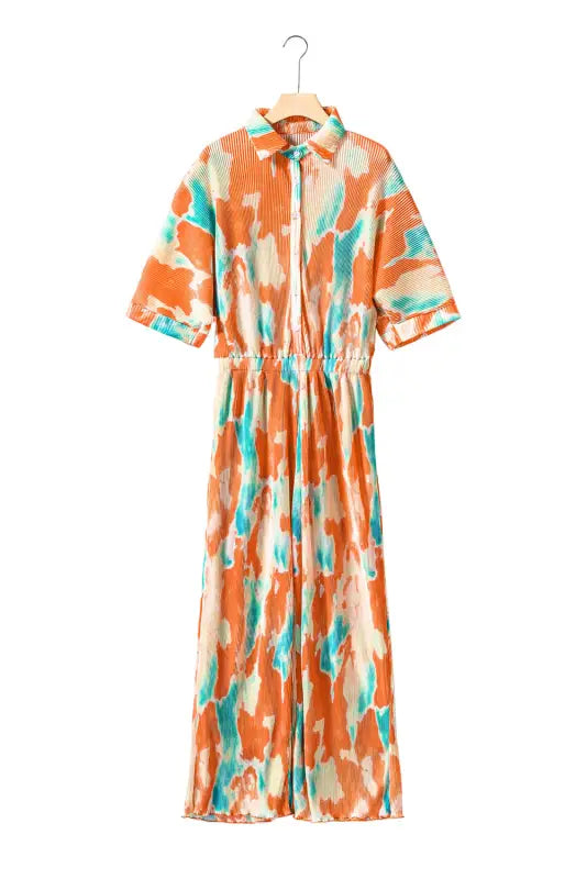 Multicolor bohemian tie dye pleated shirt collar loose jumpsuit - jumpsuits & rompers