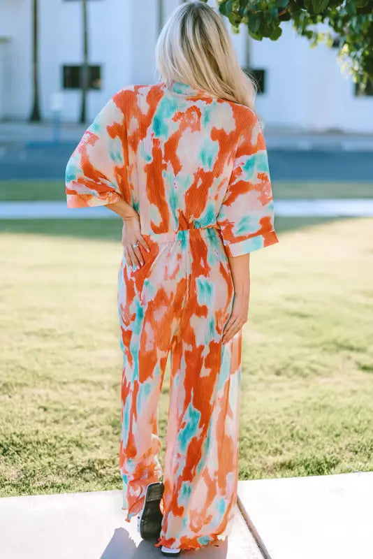 Multicolor bohemian tie dye pleated shirt collar loose jumpsuit - jumpsuits & rompers