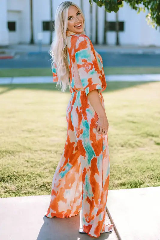 Multicolor bohemian tie dye pleated shirt collar loose jumpsuit - jumpsuits & rompers