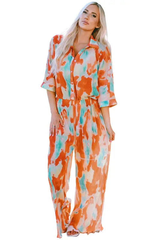 Multicolor bohemian tie dye pleated shirt collar loose jumpsuit - jumpsuits & rompers