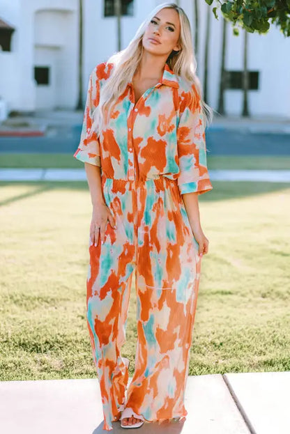 Multicolor bohemian tie dye pleated shirt collar loose jumpsuit - s / 100% polyester - jumpsuits & rompers