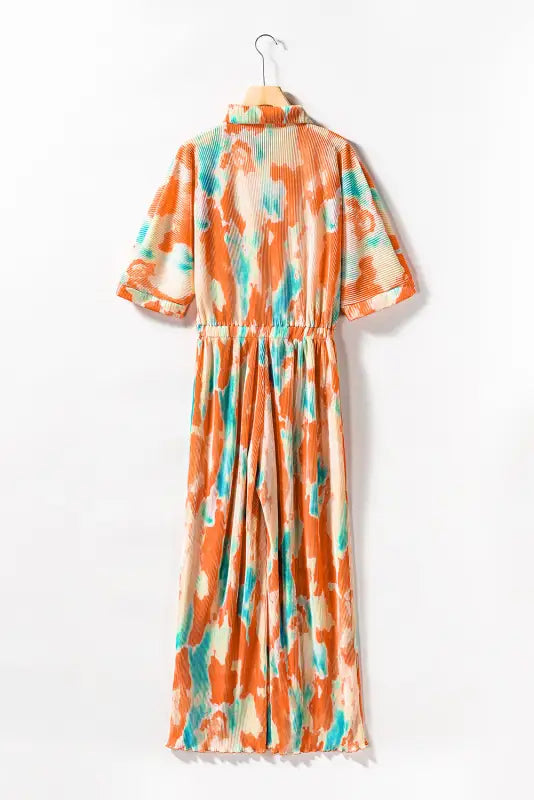 Multicolor bohemian tie dye pleated shirt collar loose jumpsuit - jumpsuits & rompers