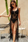 Boho pointelle crochet fringed beach dress - black / one size / 100% polyester - cover ups