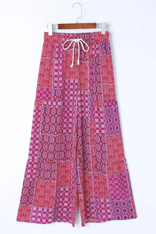 Boho print drawstring wide leg pants - bottoms/pants & culotte