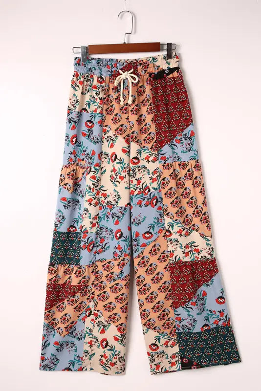 Boho print drawstring wide leg pants - bottoms/pants & culotte