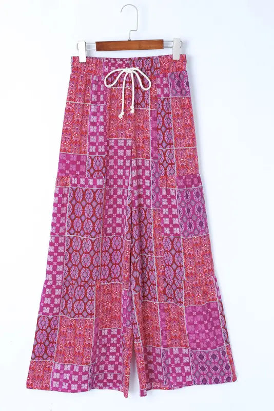 Boho print drawstring wide leg pants - bottoms/pants & culotte