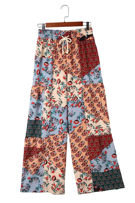 Boho print drawstring wide leg pants - bottoms/pants & culotte