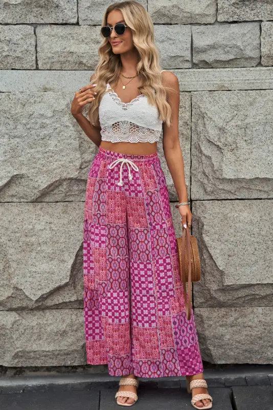 Boho print drawstring wide leg pants - bottoms/pants & culotte