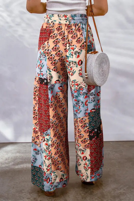 Boho print drawstring wide leg pants - bottoms/pants & culotte