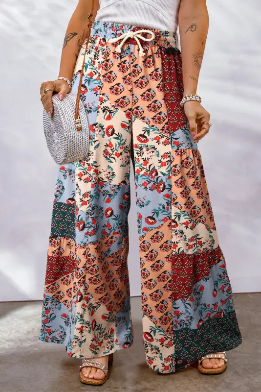 Boho print drawstring wide leg pants - multicolor / s / 100% polyester - bottoms/pants & culotte