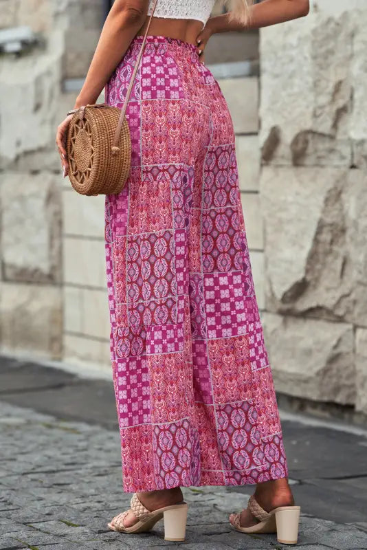 Boho print drawstring wide leg pants - bottoms/pants & culotte