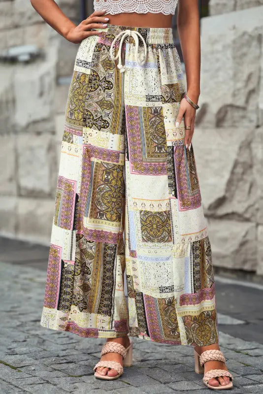 Boho print drawstring wide leg pants - yellow / s / 100% polyester - bottoms/pants & culotte